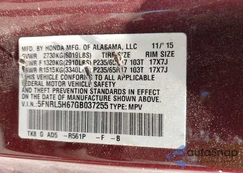 2016 Honda Odyssey Ex-L from USA, damaged, VIN 5FNRL5H67GB037255